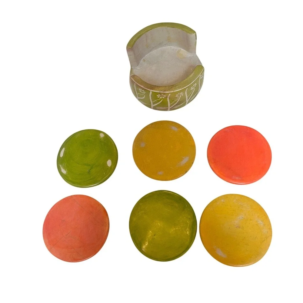 Ten Thousand Villages Orchard Tree Coaster Set Kenya Soapstone Hand Carved 6pc